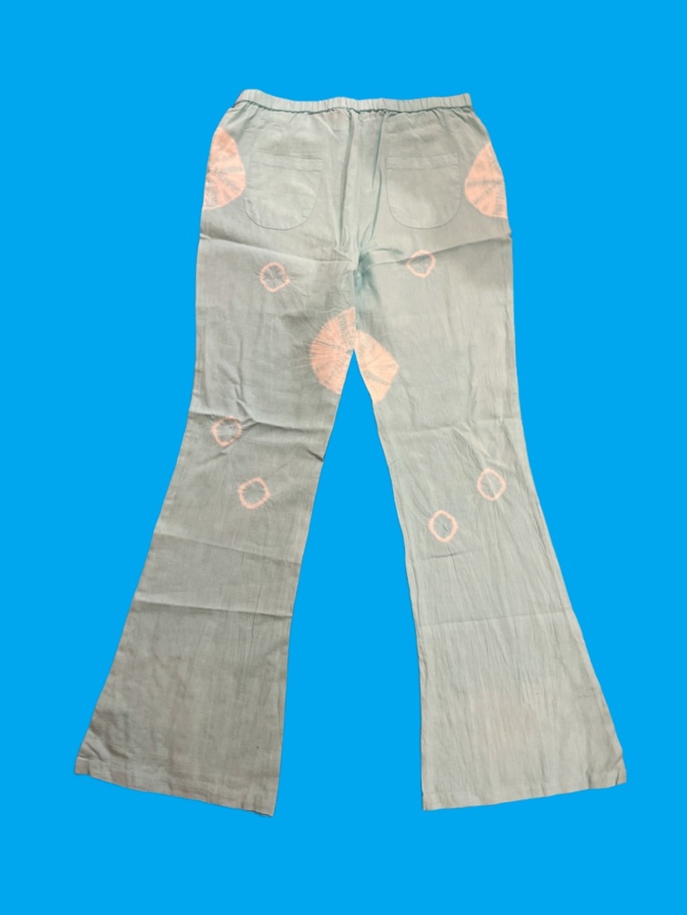 NWT. Natura Light Turquoise Tie-Dye Flared Pants with Peach Accents